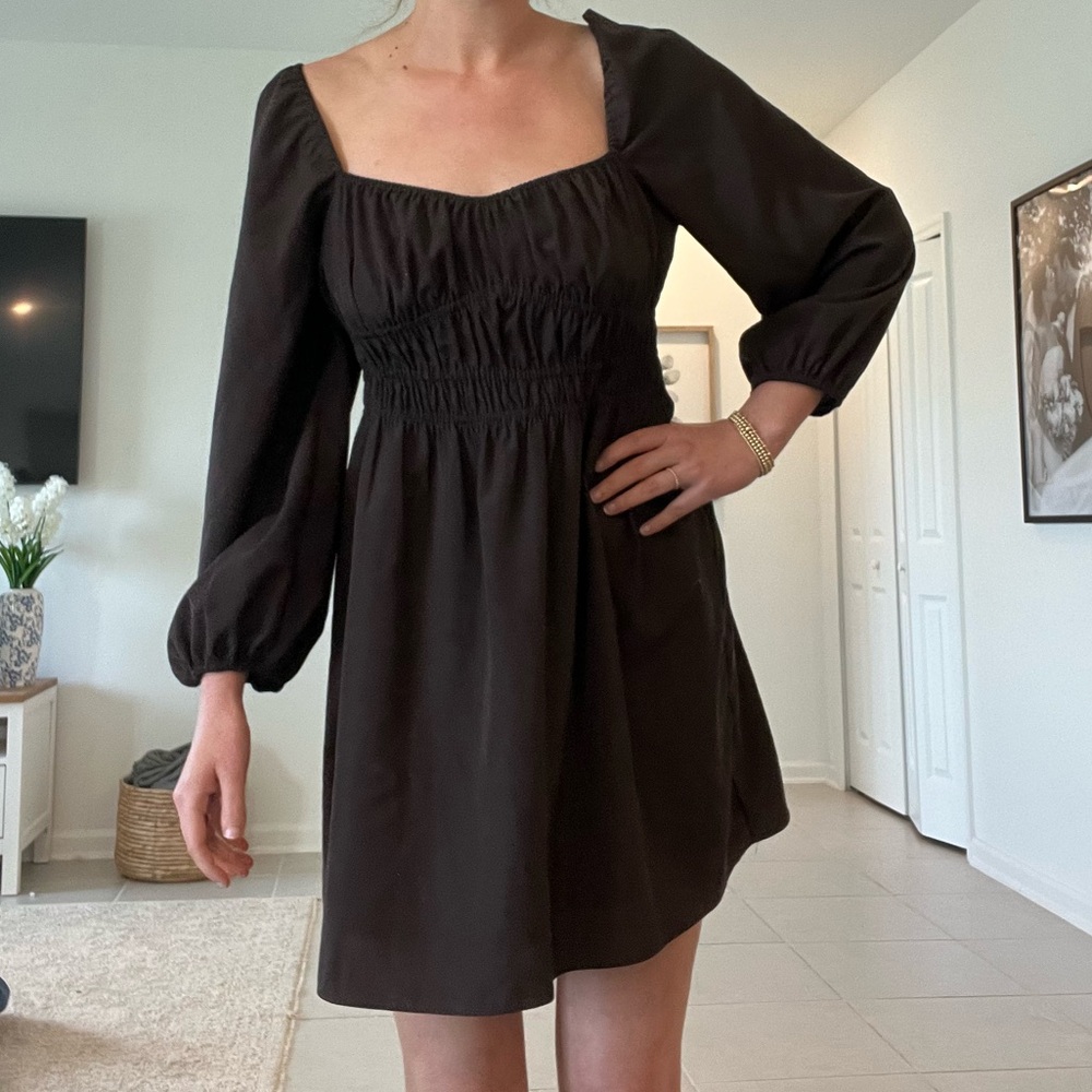 Gianni Bini Brown Square-Neck Long Sleeve Smocked Mini Dress